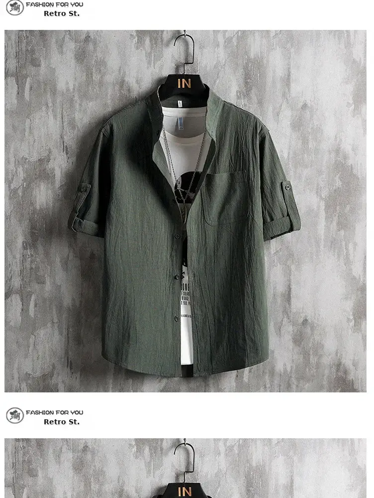 Cotton Linen 54Sleeve Cardigan Men Korean Style Olive — feature 5
