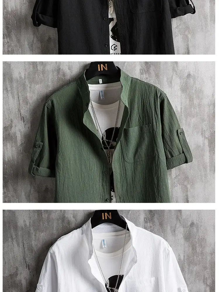 Cotton Linen 54Sleeve Cardigan Men Korean Style Olive — feature 7