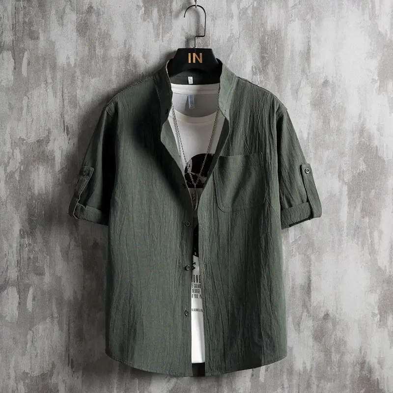 Cotton Linen 54Sleeve Cardigan Men Korean Style Olive - Image 3