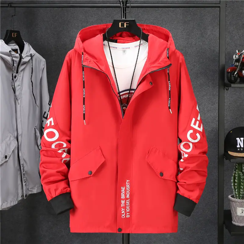 Men's Red Hooded Jacket Large Spring Autumn Korean Style