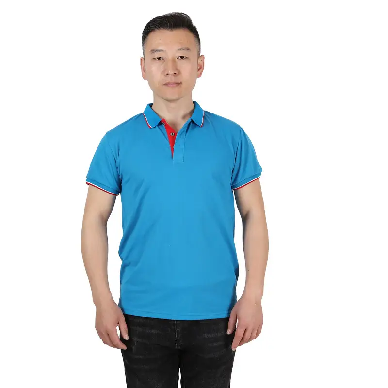 Men Collared Polo T-Shirt Blue Red Sleeve Trim
