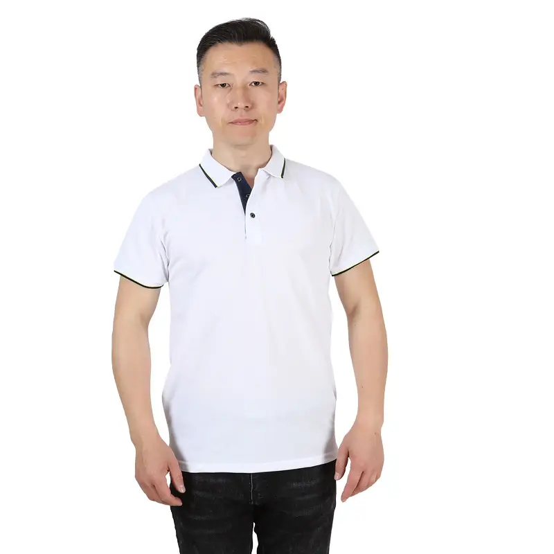 Men Collared Polo T-Shirt Blue Red Sleeve Trim