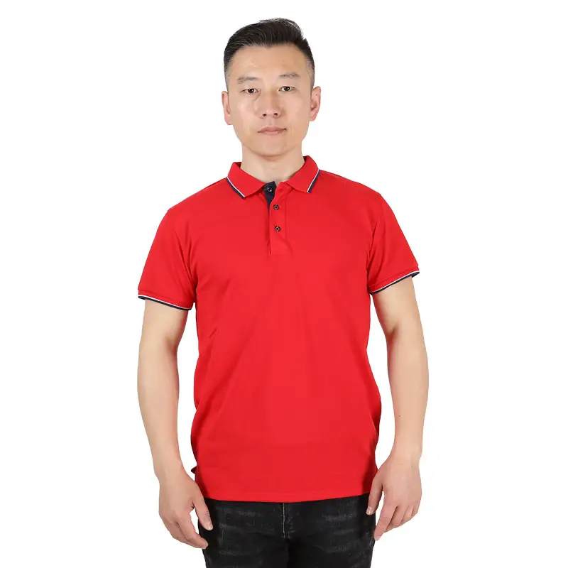 Men Collared Polo T-Shirt Blue Red Sleeve Trim