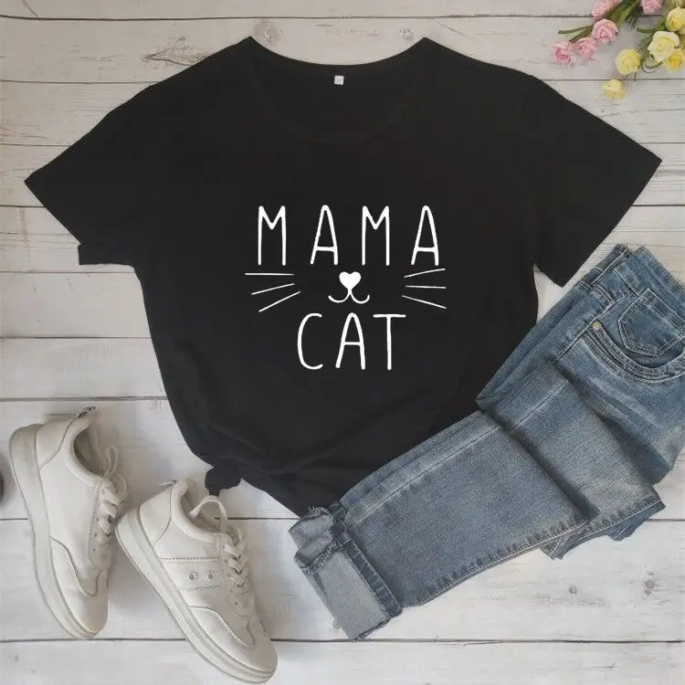 Mama Cat Print Grey T-Shirt Short Sleeve - Image 2