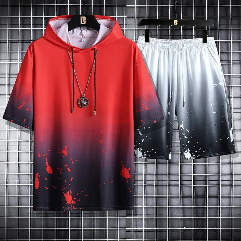 Men Gradient Drop Hoodie Shorts Set Blue White - Image 2
