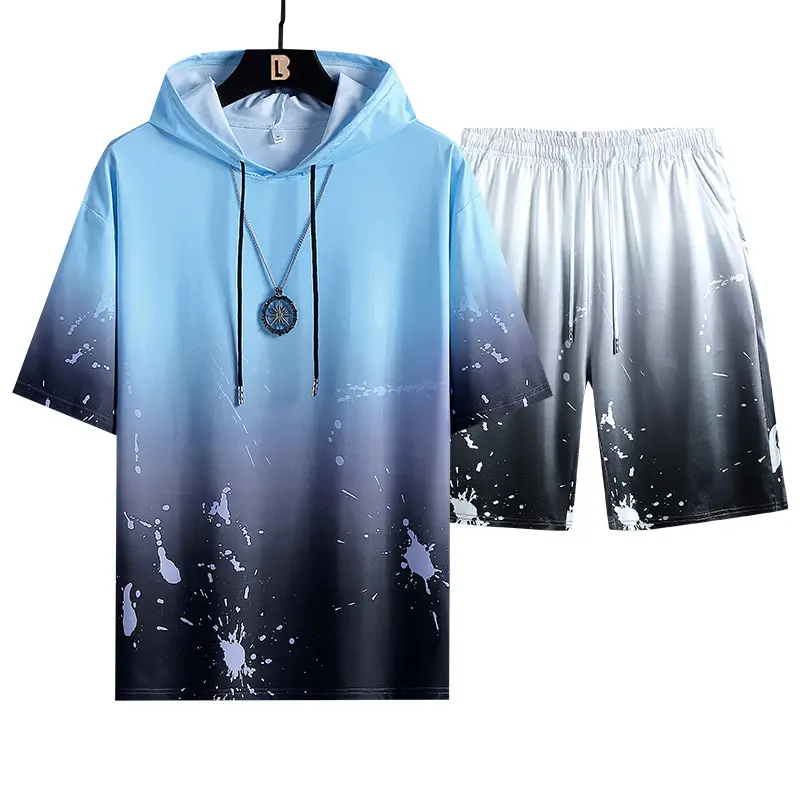 Men Gradient Drop Hoodie Shorts Set Blue White - Image 8