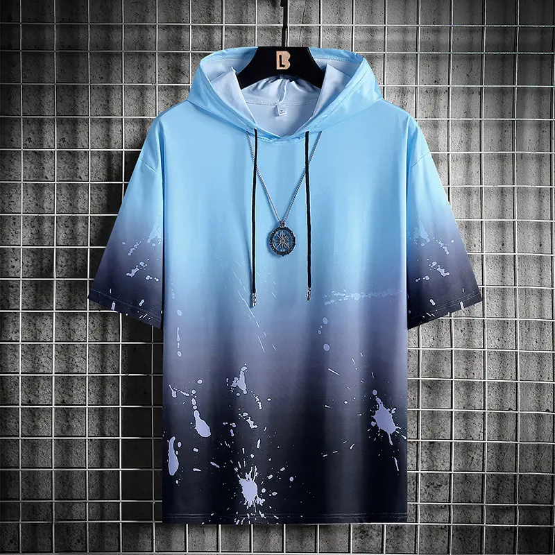 Men Gradient Drop Hoodie Shorts Set Blue White - Image 6