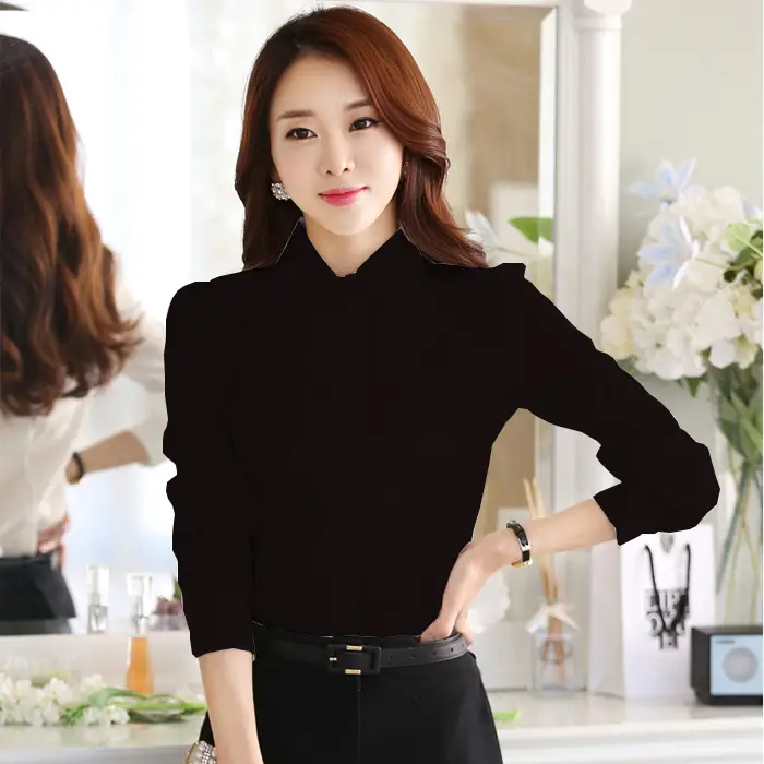 White Chiffon Ruffled Collar Shirt with Black Trousers - Image 3