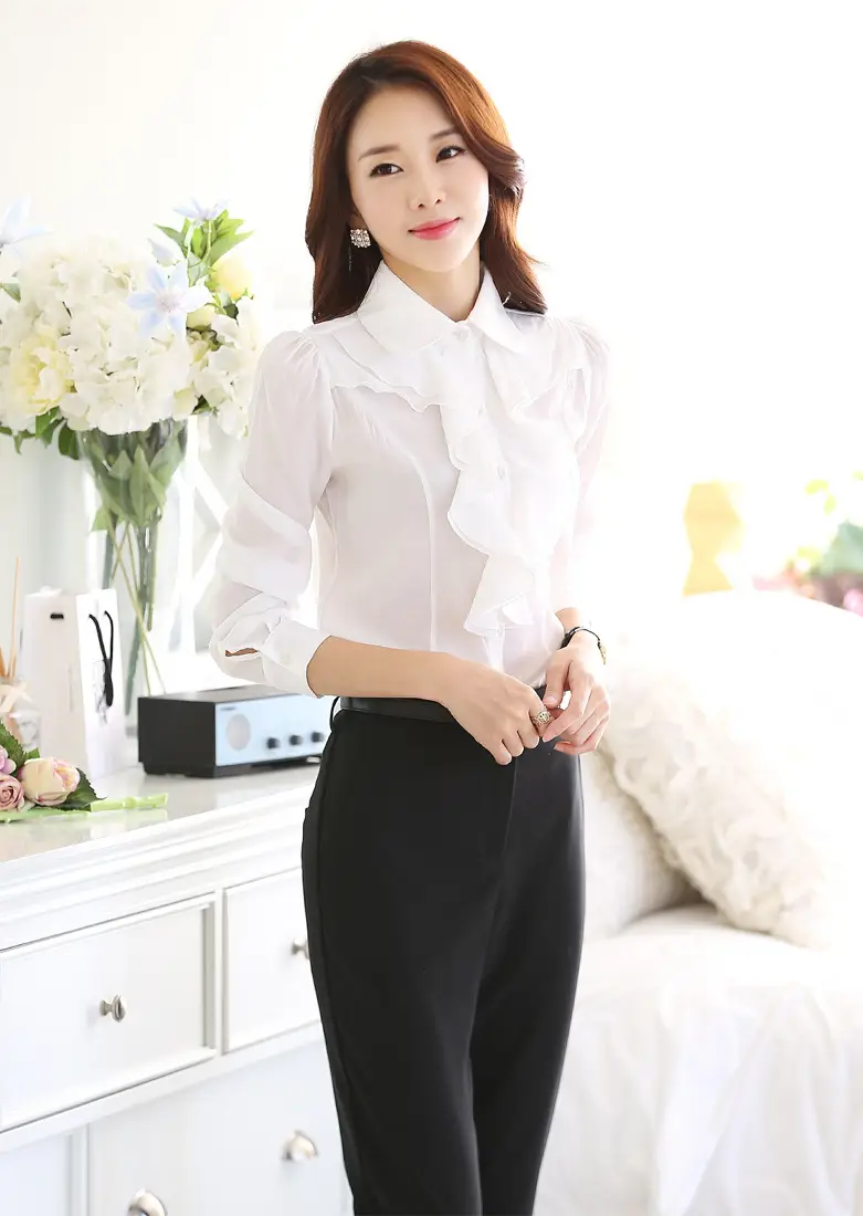 White Chiffon Ruffled Collar Shirt with Black Trousers - Image 9