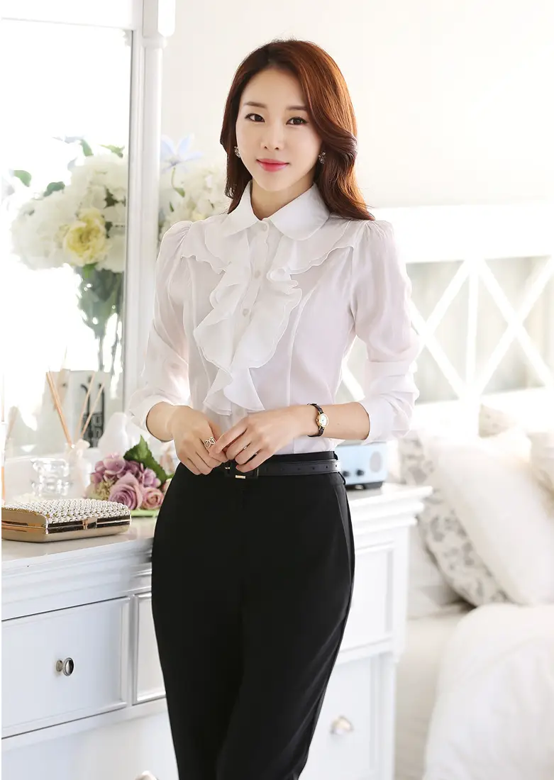 White Chiffon Ruffled Collar Shirt with Black Trousers - Image 10