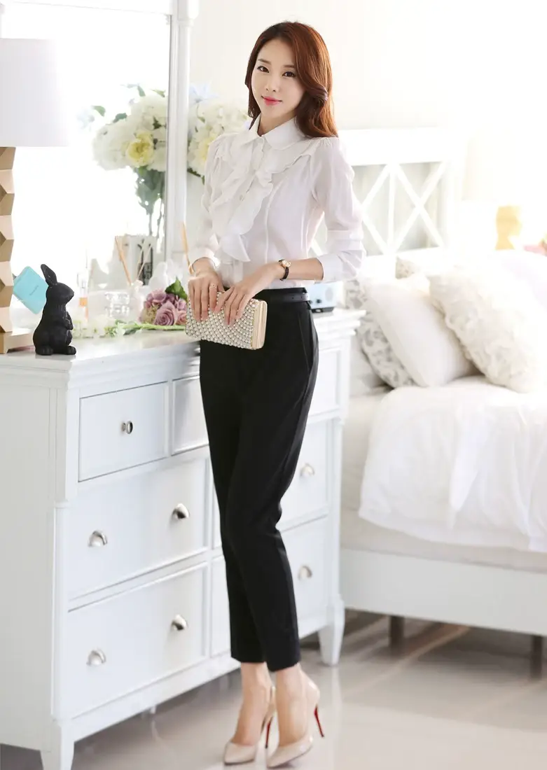 White Chiffon Ruffled Collar Shirt with Black Trousers — feature 10