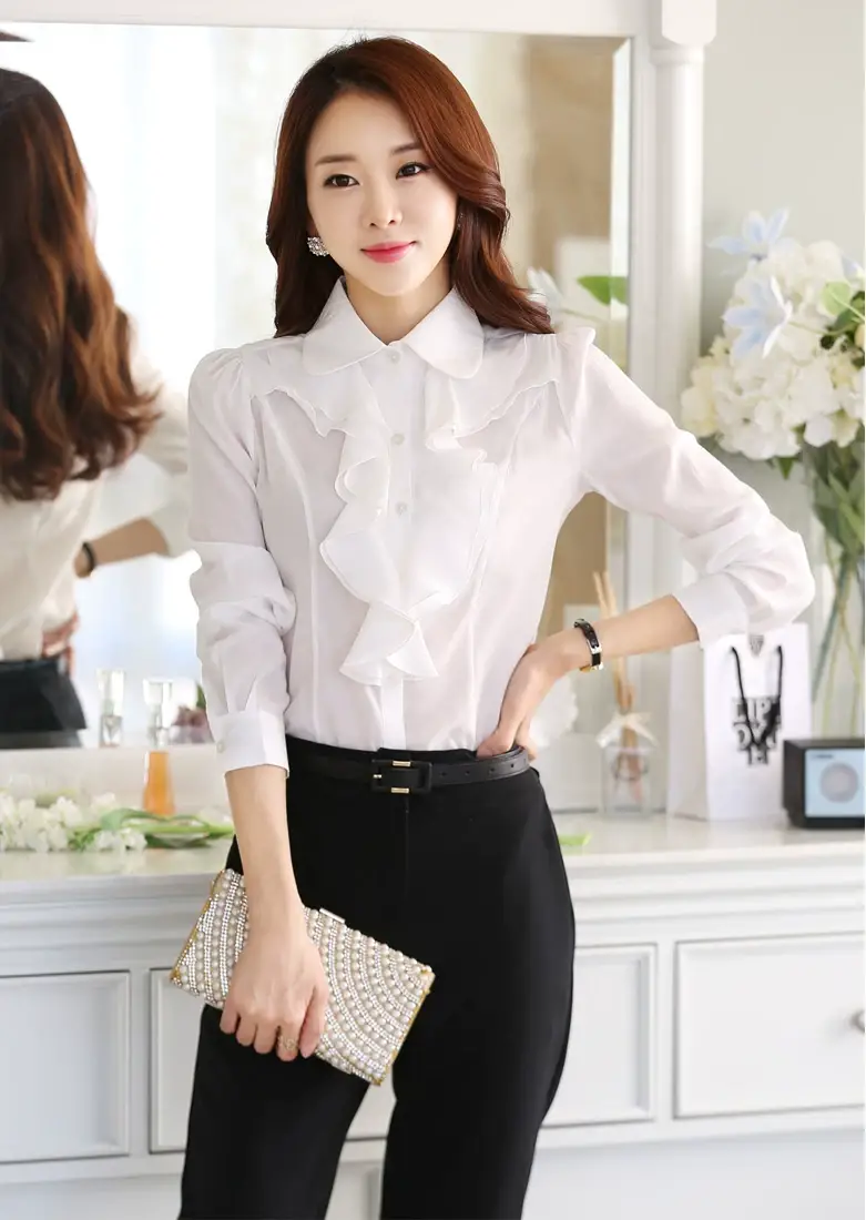White Chiffon Ruffled Collar Shirt with Black Trousers — feature 4