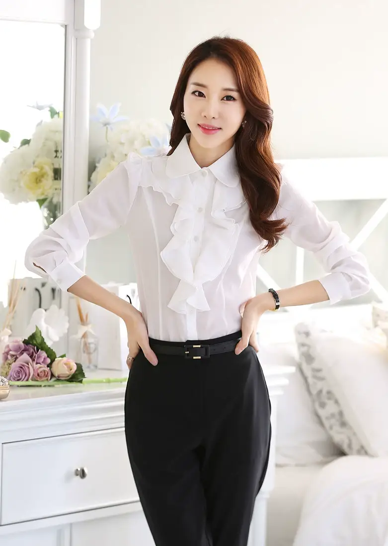 White Chiffon Ruffled Collar Shirt with Black Trousers — feature 5