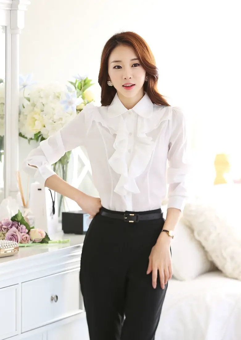 White Chiffon Ruffled Collar Shirt with Black Trousers — feature 6