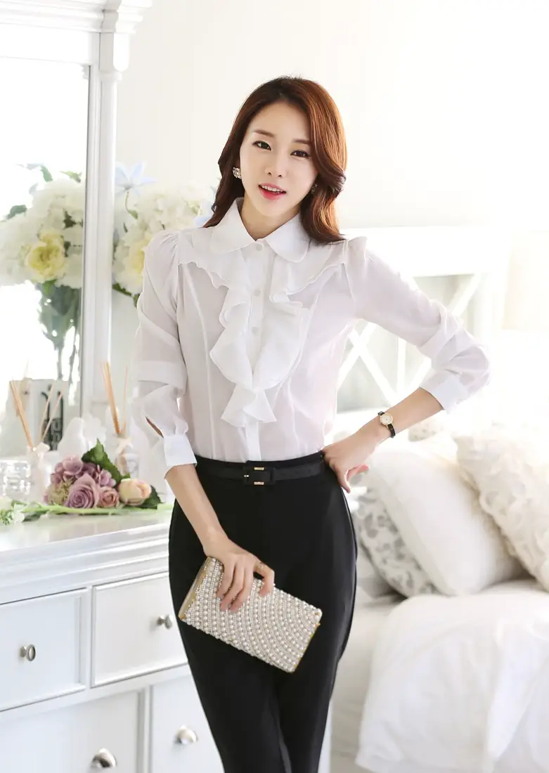 White Chiffon Ruffled Collar Shirt with Black Trousers — feature 7