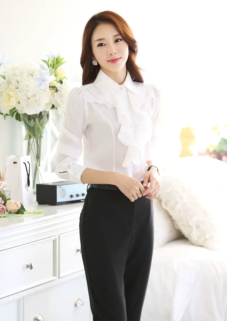 White Chiffon Ruffled Collar Shirt with Black Trousers — feature 8