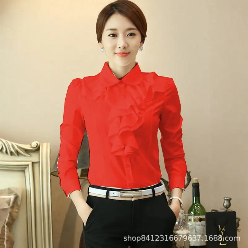 White Chiffon Ruffled Collar Shirt with Black Trousers - Image 2