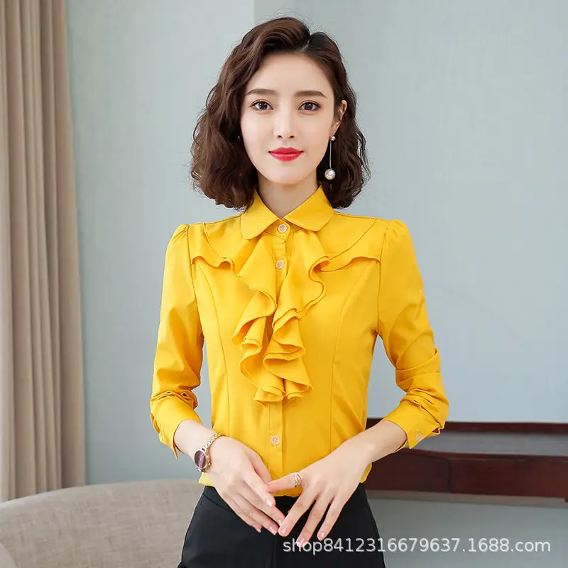White Chiffon Ruffled Collar Shirt with Black Trousers - Image 4