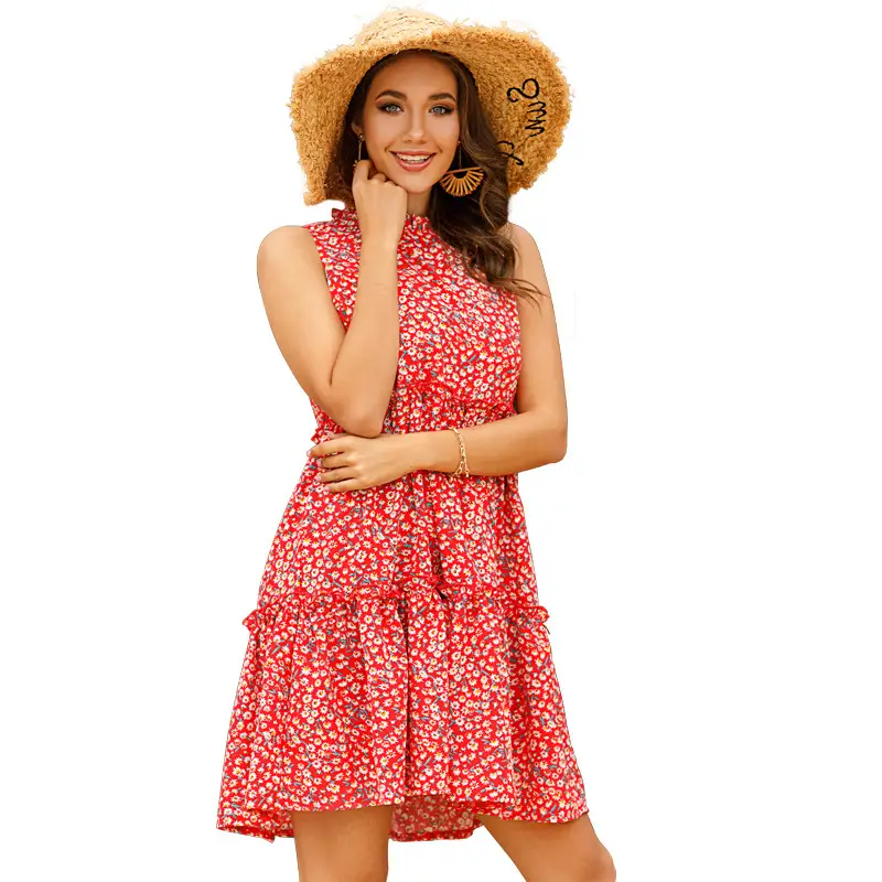 Women's Blue Floral Sleeveless Ruffle Collar Dress - Image 7