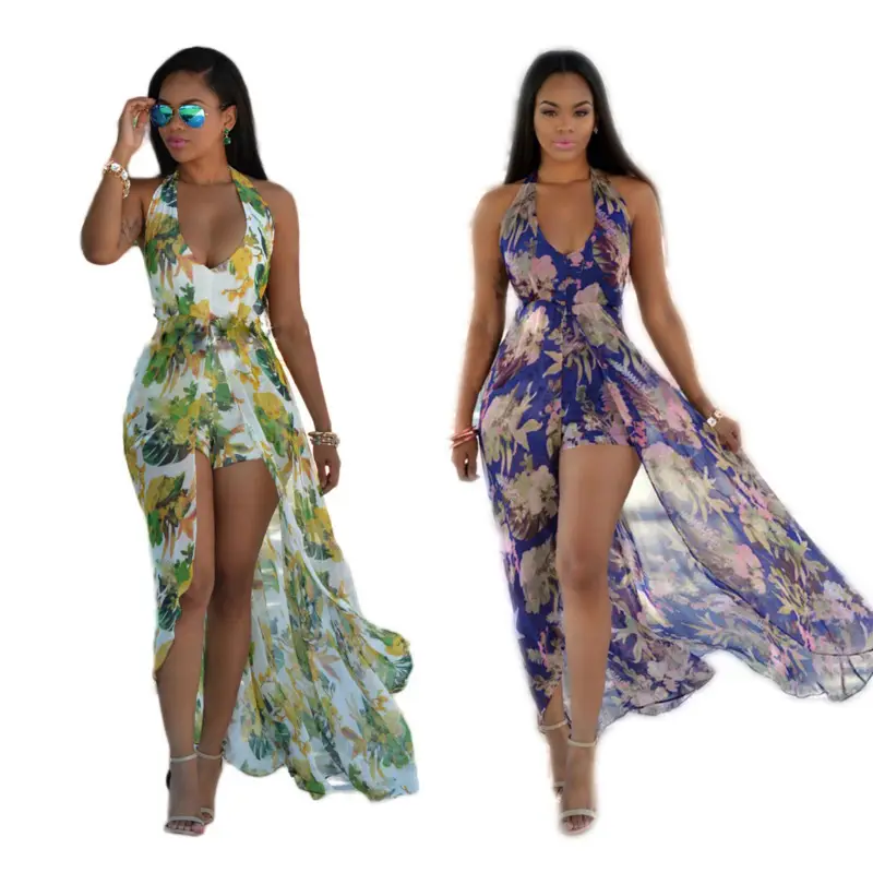 Women's Tropical Print Long Sleeve Dress with Side Slit - Image 3