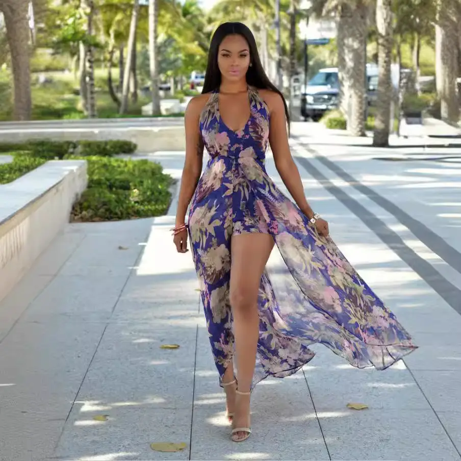 Women's Tropical Print Long Sleeve Dress with Side Slit - Image 4