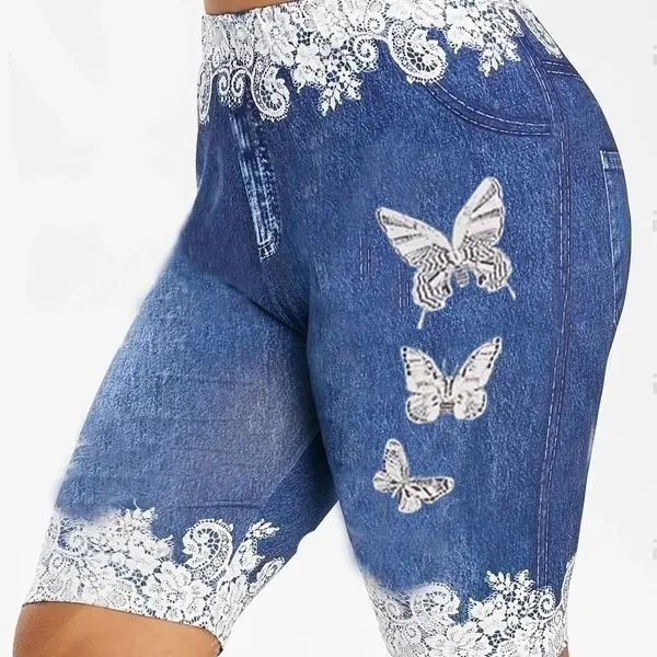 Blue Butterfly Print Leggings with High Waist Design