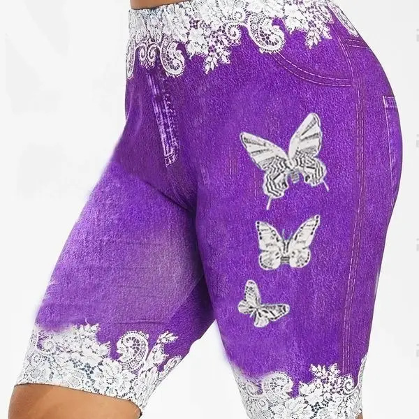 Blue Butterfly Print Leggings with High Waist Design
