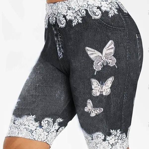 Blue Butterfly Print Leggings with High Waist Design — feature 3
