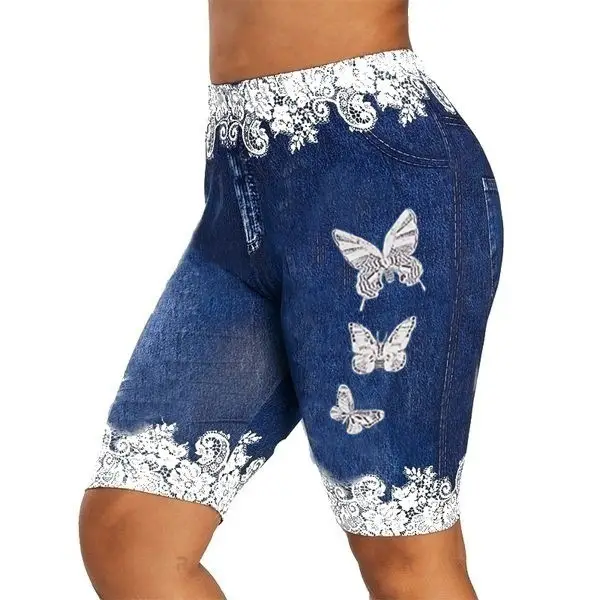 Blue Butterfly Print Leggings with High Waist Design — feature 4