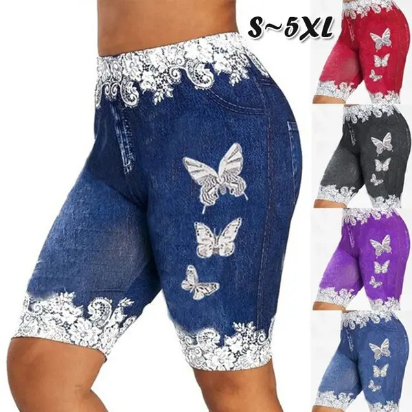 Blue Butterfly Print Leggings with High Waist Design — feature 7