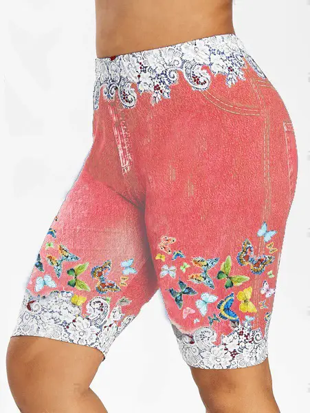 Blue Butterfly Print Leggings with High Waist Design