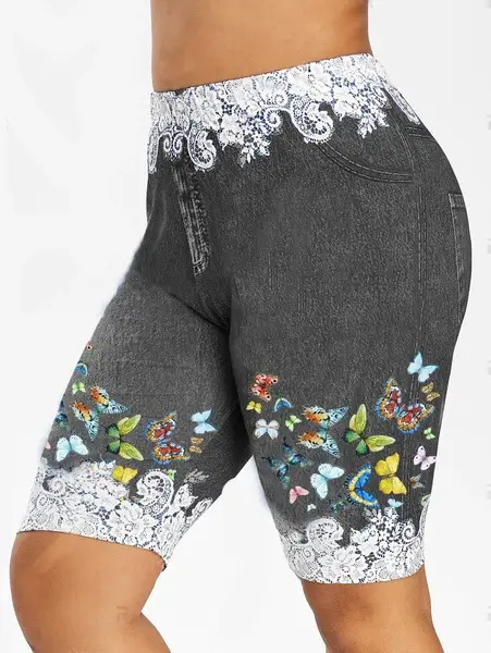 Blue Butterfly Print Leggings with High Waist Design