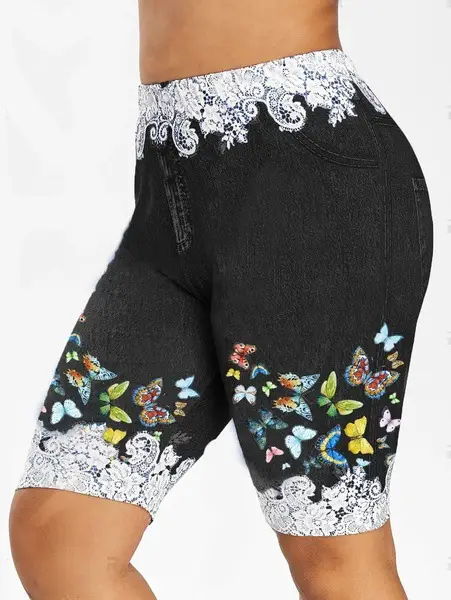 Blue Butterfly Print Leggings with High Waist Design