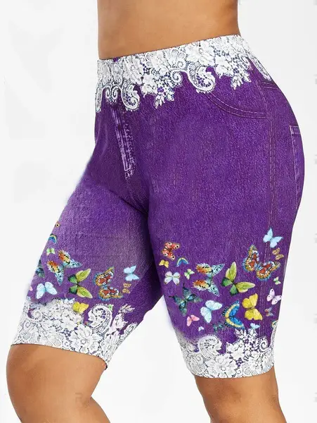 Blue Butterfly Print Leggings with High Waist Design