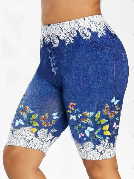 Blue Butterfly Print Leggings with High Waist Design