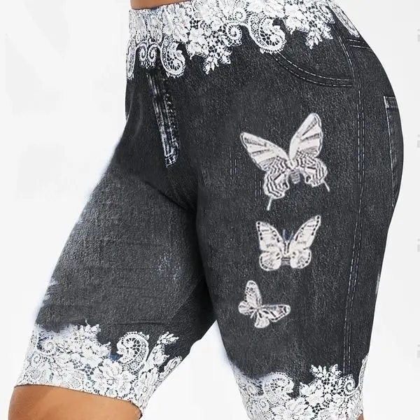 Blue Butterfly Print Leggings with High Waist Design