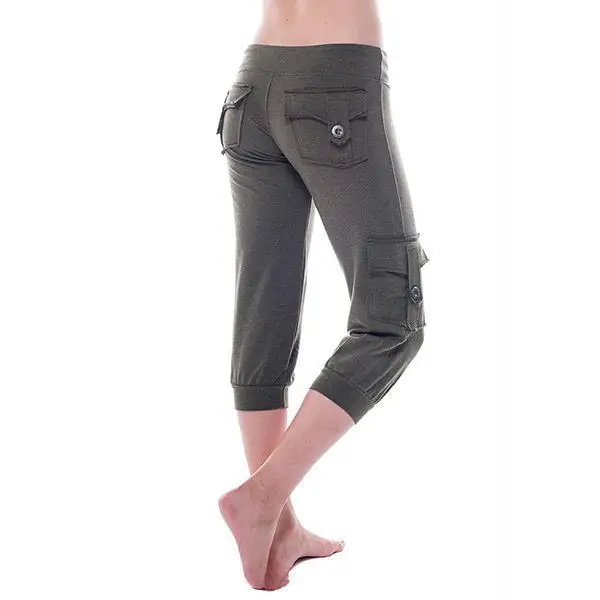 White Elastic Waist Button Yoga Capri Pants with Multiple Pockets