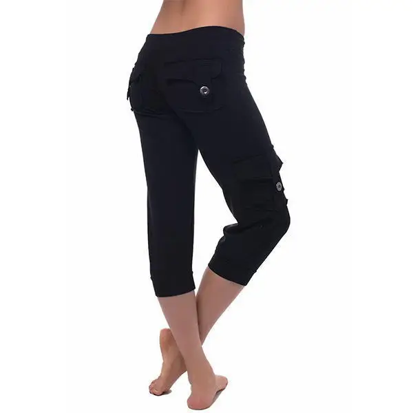 White Elastic Waist Button Yoga Capri Pants with Multiple Pockets