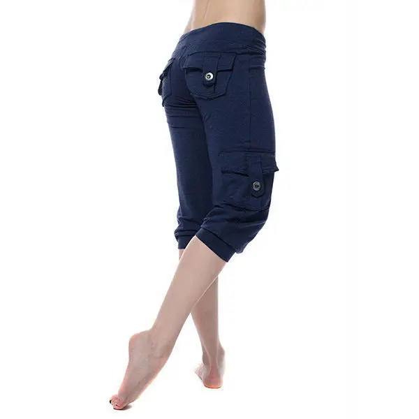 White Elastic Waist Button Yoga Capri Pants with Multiple Pockets