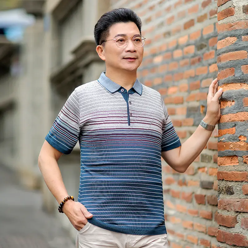 Middle-aged Men Ice Silk Polo T-Shirt Blue Striped