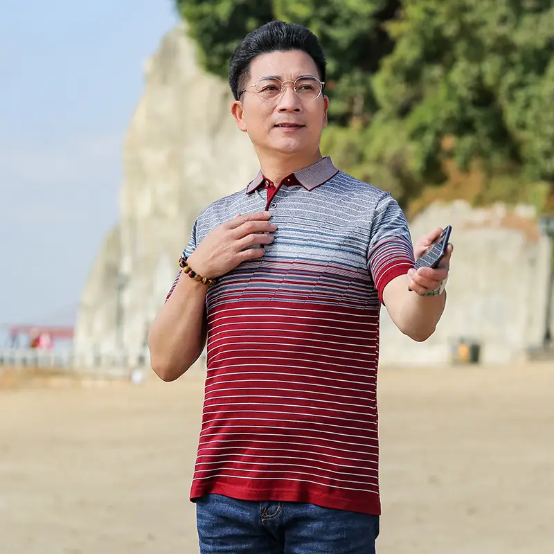 Middle-aged Men Ice Silk Polo T-Shirt Blue Striped