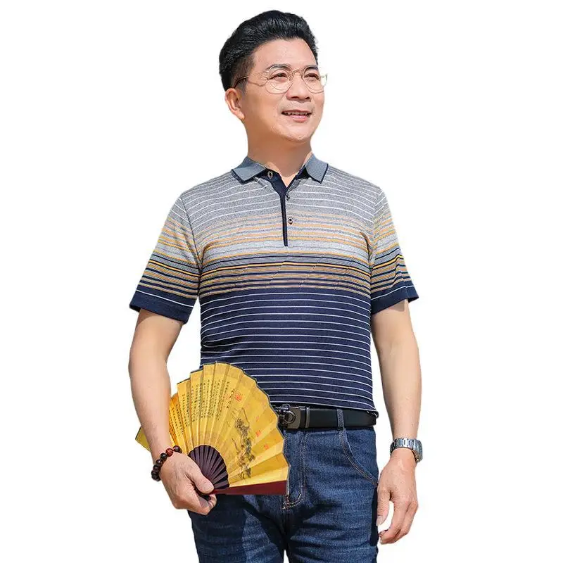 Middle-aged Men Ice Silk Polo T-Shirt Blue Striped