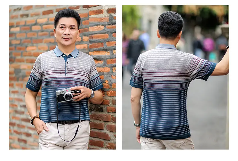 Middle-aged Men Ice Silk Polo T-Shirt Blue Striped — feature 10