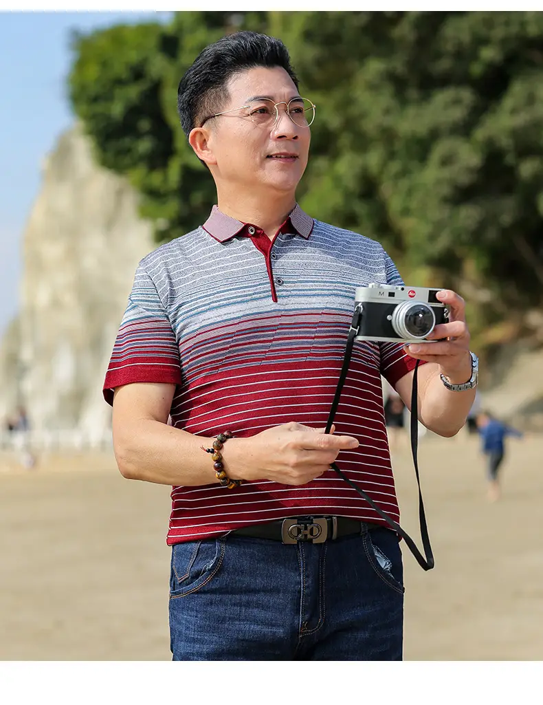 Middle-aged Men Ice Silk Polo T-Shirt Blue Striped — feature 11