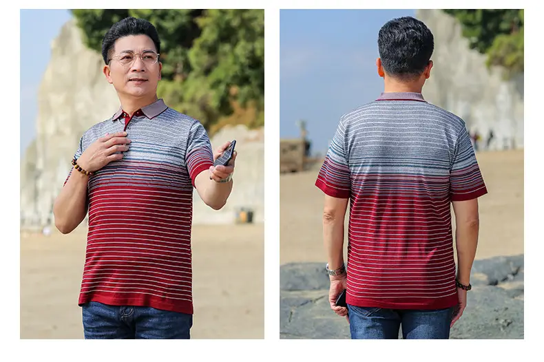 Middle-aged Men Ice Silk Polo T-Shirt Blue Striped — feature 13
