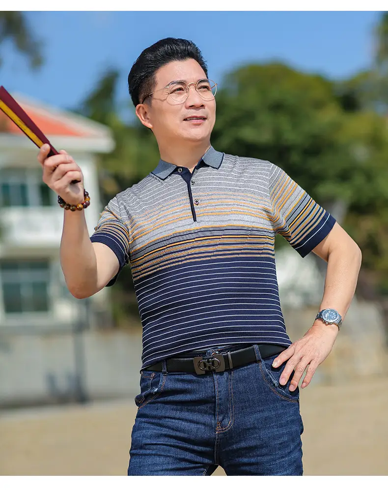 Middle-aged Men Ice Silk Polo T-Shirt Blue Striped — feature 14
