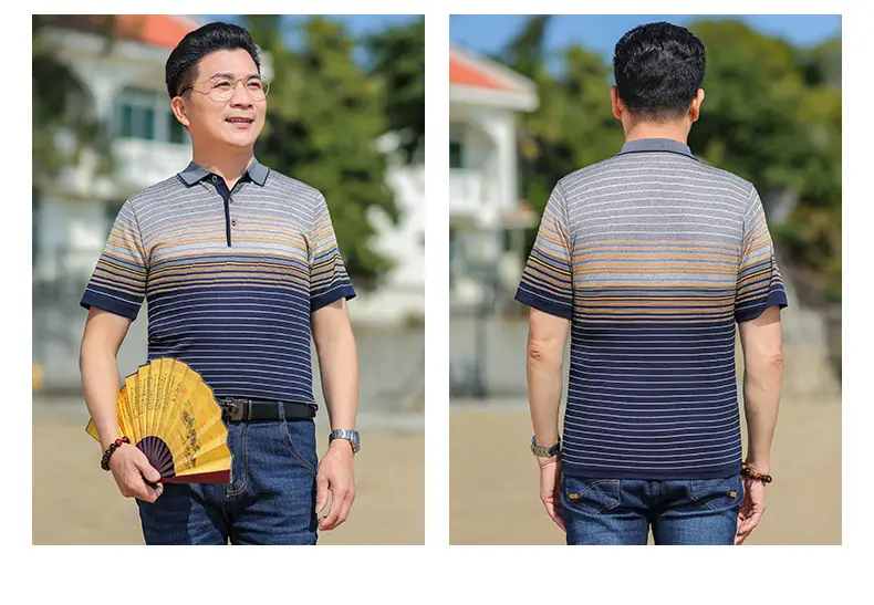 Middle-aged Men Ice Silk Polo T-Shirt Blue Striped — feature 16