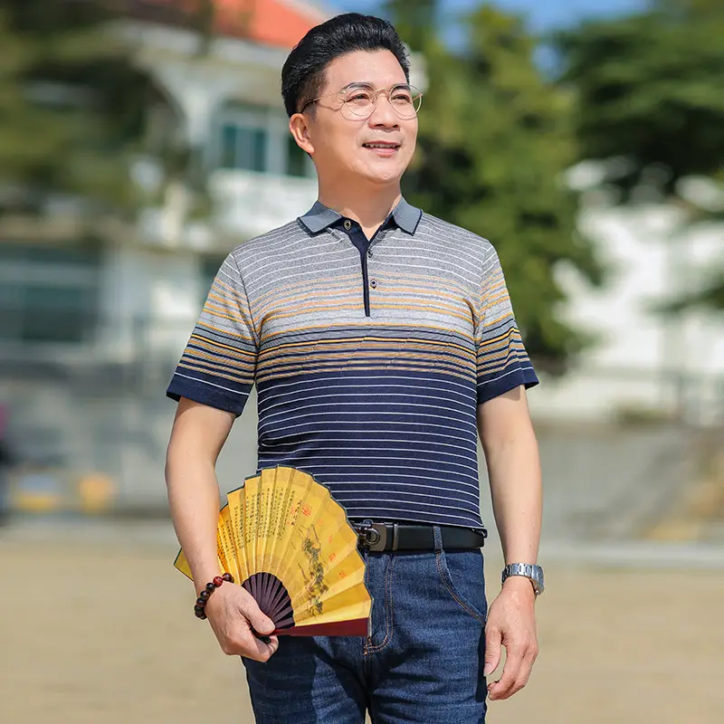 Middle-aged Men Ice Silk Polo T-Shirt Blue Striped