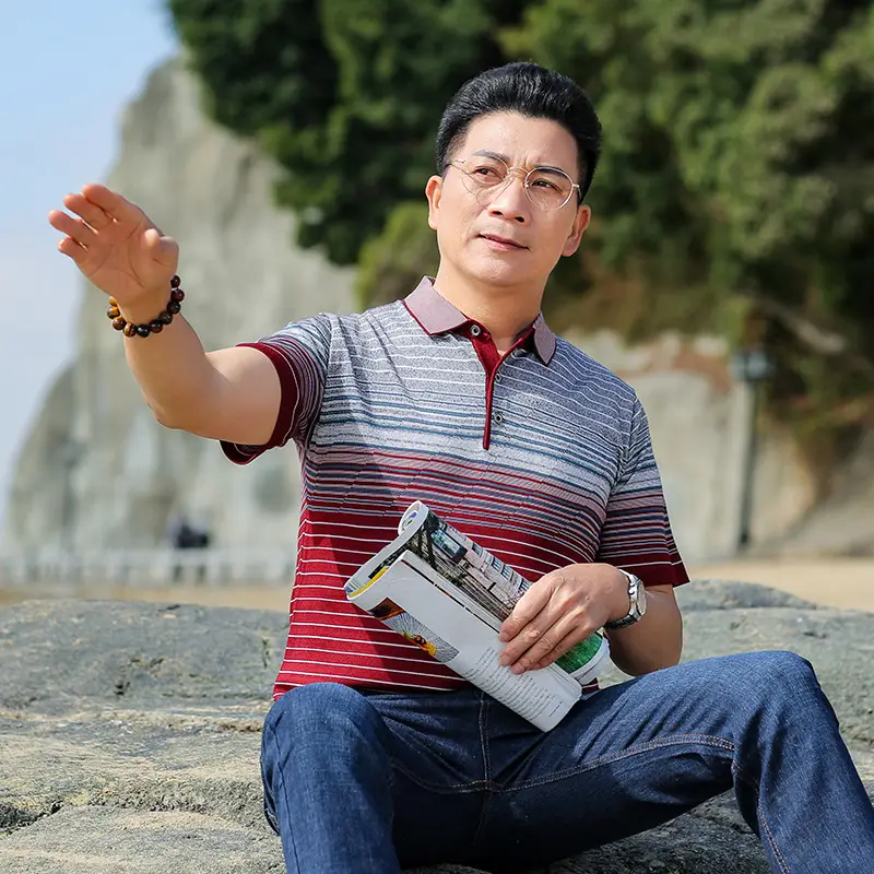 Middle-aged Men Ice Silk Polo T-Shirt Blue Striped