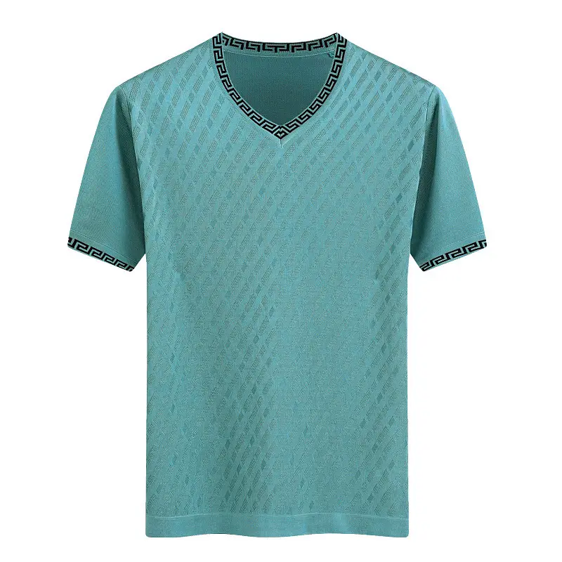 Men V-Neck Silk T-Shirt Blue Medium - Image 12